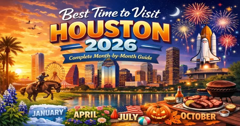 Best time to visit Houston 2026 showing spring wildflowers along Buffalo Bayou, Houston Rodeo crowds, fall skyline view and mild winter weather