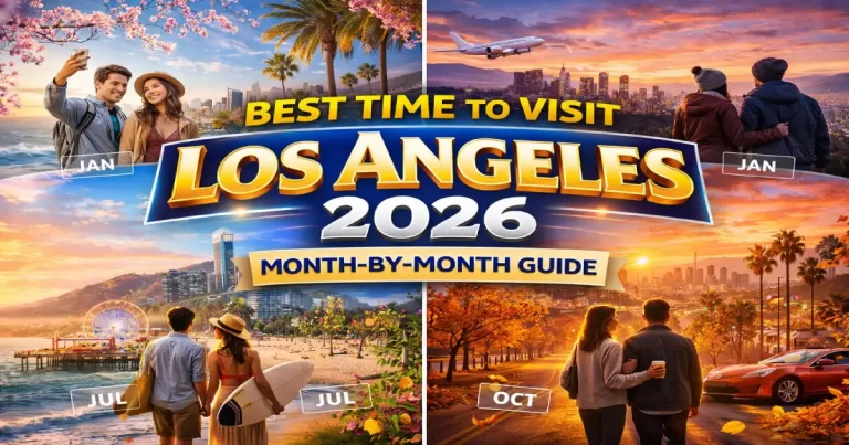 Best time to visit Los Angeles 2026 showing sunny Santa Monica Beach, Hollywood Hills, Griffith Observatory and vibrant year-round city life