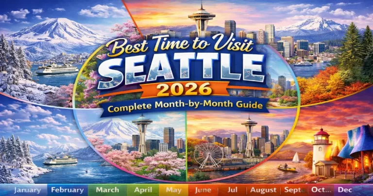 Best time to visit Seattle 2026 showing summer skyline with Mount Rainier, Pike Place Market in sunshine, fall foliage at Volunteer Park and winter coffee culture