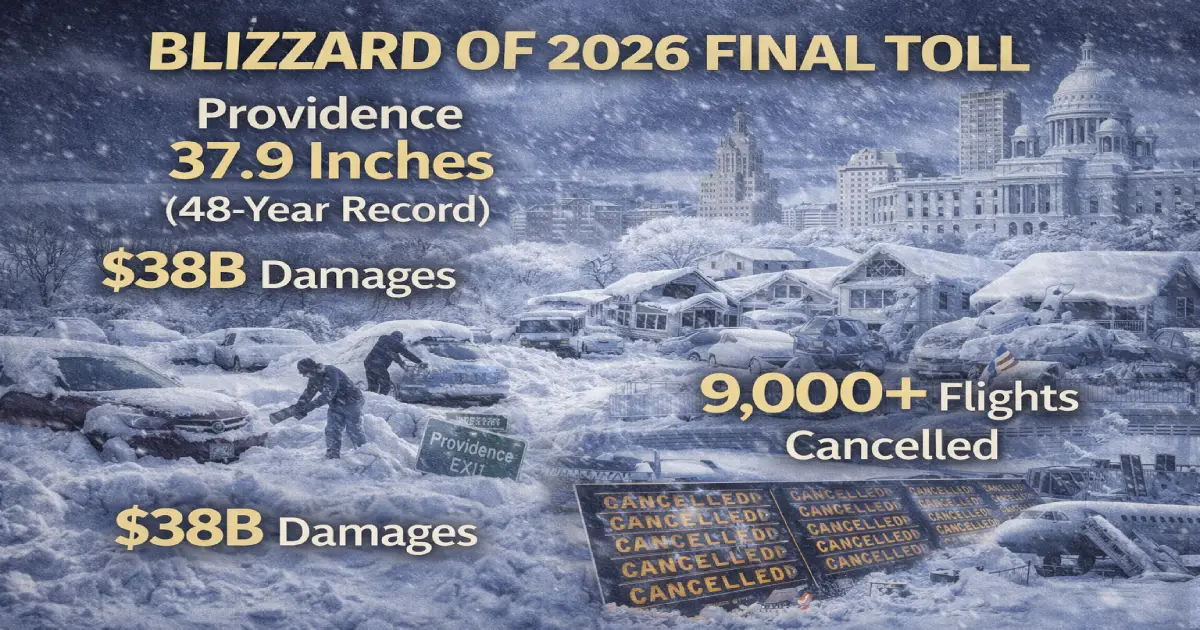 Blizzard of 2026 Providence Rhode Island 37.9 inches record snowfall beats 1978 blizzard 28.6 inches bomb cyclone hurricane force winds 83 mph Northeast buried