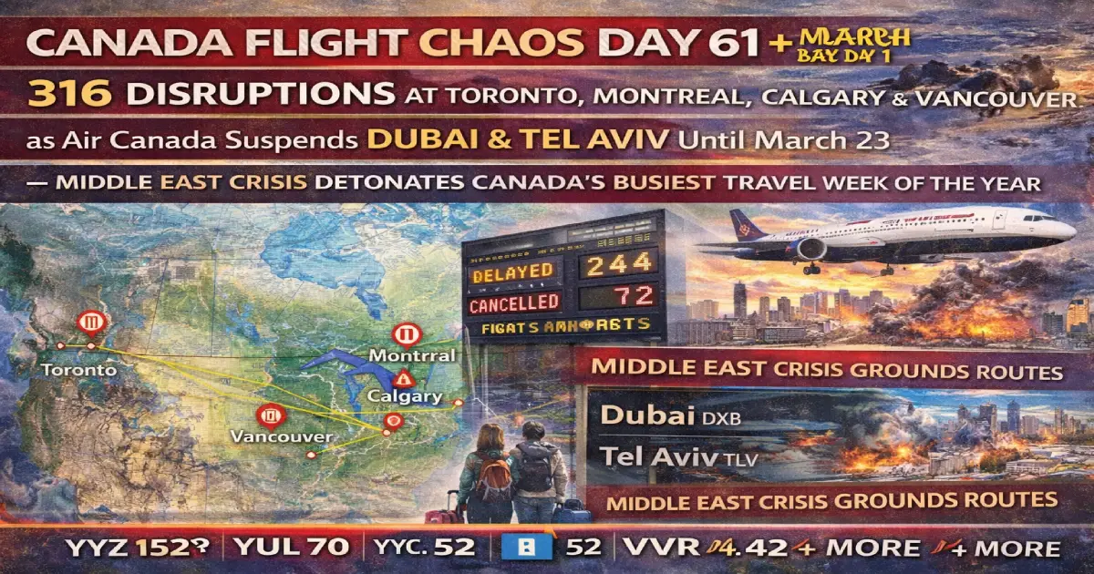 Canada flight chaos Day 61 March 3 2026 — 316 disruptions hit Toronto Pearson, Montreal-Trudeau, Calgary and Vancouver as Air Canada suspends all Dubai and Tel Aviv flights until March 23 during the first day of Quebec March Break 2026, with the Middle East crisis now directly hitting Canadian aviation