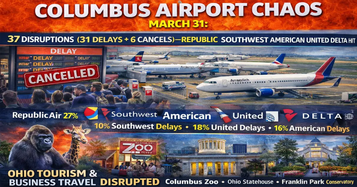Columbus Airport chaos March 31 2026 37 disruptions 31 delays 6 cancellations Republic Southwest American United Delta Ohio tourism Columbus Zoo Ohio Statehouse Franklin Park Conservatory business travel convention impact