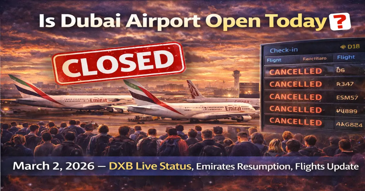 Dubai International Airport DXB departure board showing suspended flights on March 2 2026 - Emirates and flydubai suspended until 3pm UAE time due to Middle East airspace crisis