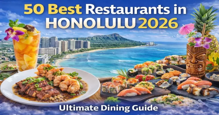 Best restaurants in Honolulu 2026 showing elegant Hawaiian fine dining, fresh poke bowl with ahi tuna, plate lunch with kalua pork, and North Shore shave ice