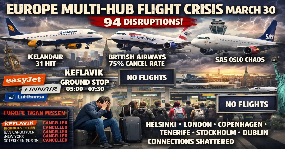 Europe multi-hub flight crisis March 30 2026 94 disruptions 26 cancellations 68 delays Icelandair British Airways SAS EasyJet Finnair Keflavik Reykjavik London Heathrow Oslo Gardermoen New York routes broken Easter Monday