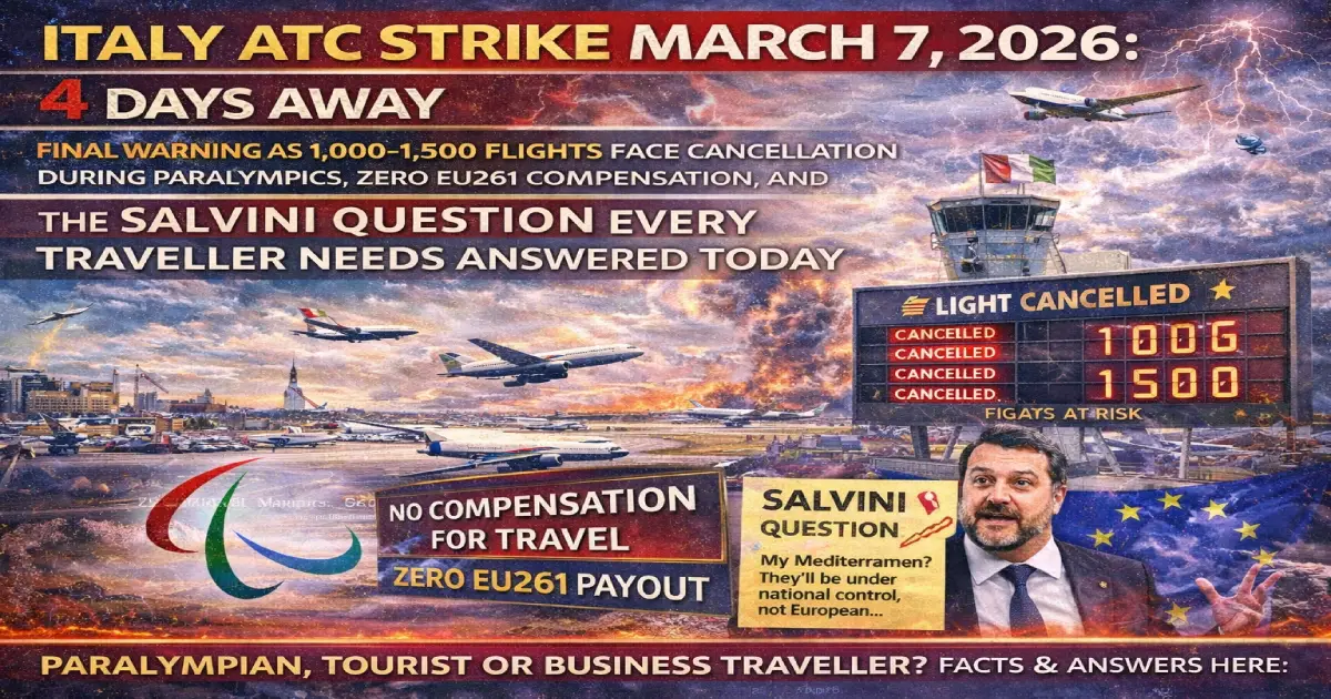 Italy ATC strike March 7 2026 final warning — ENAV Rome air traffic controllers walk out 10:00-18:00 CET, putting 1,000 to 1,500 flights at risk of cancellation or severe delay across Rome Fiumicino, Milan Malpensa, Venice, Naples and every major Italian airport during the Paralympic Winter Games
