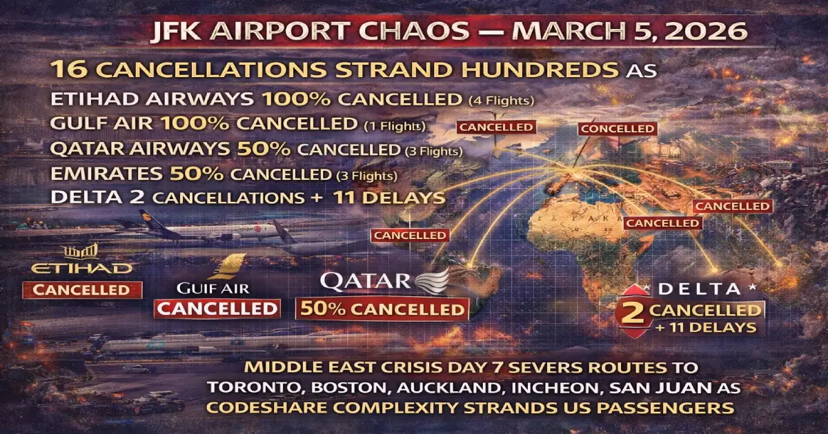 John F Kennedy International Airport JFK Terminal 4 empty gates March 5 2026 Etihad Airways Gulf Air 100 percent cancelled Emirates Qatar Airways Delta passengers stranded Middle East crisis Day 7 departure boards