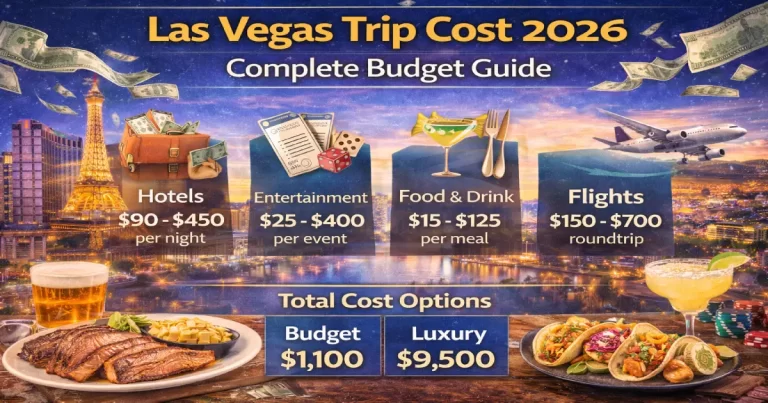 Las Vegas trip cost 2026 showing Strip hotels, casino dining, shows, and budget planning guide for every travel style