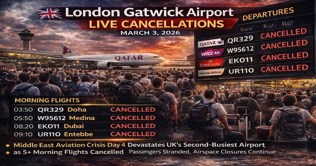 London Gatwick Airport departure board showing cancelled flights March 3 2026 Qatar Airways QR329 Doha Emirates EK011 Dubai Wizz Air Medina passengers stranded Middle East crisis Day 4 empty gates