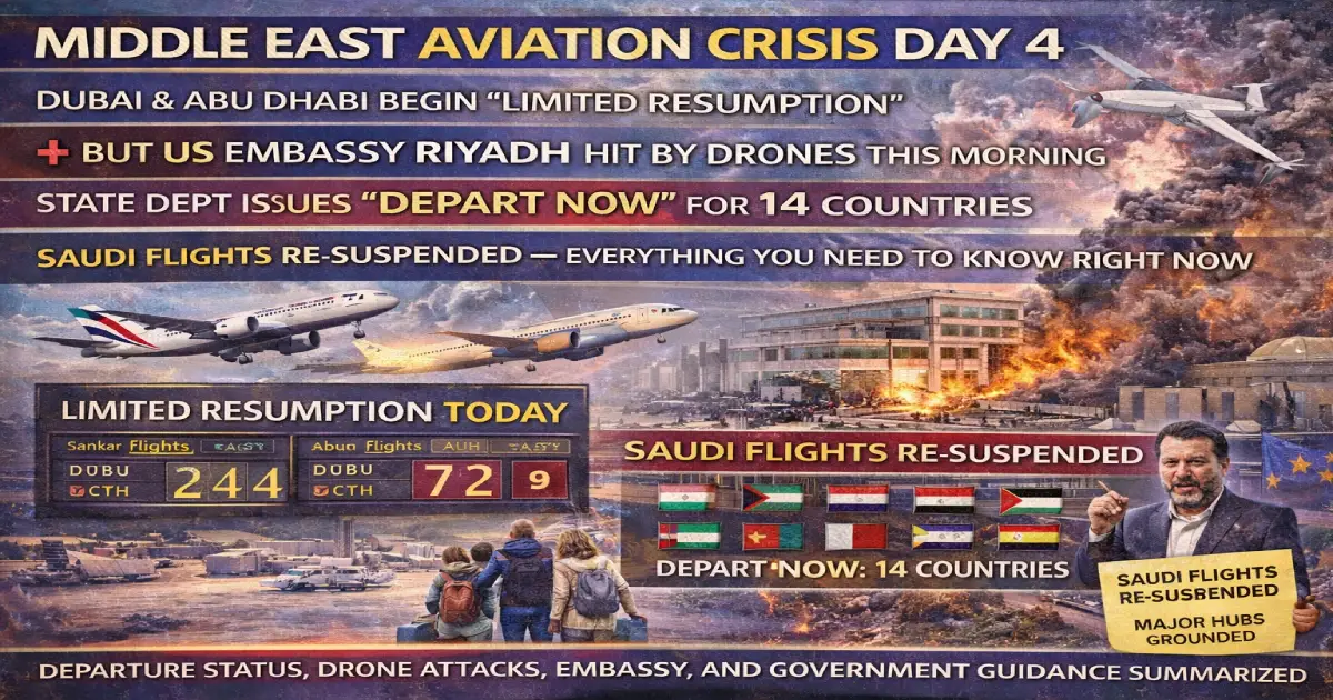 Middle East aviation crisis Day 4 March 3 2026 — Dubai begins limited flight resumption with Emirates and flydubai operating select routes overnight, but the US Embassy in Riyadh was struck by Iranian drones this morning as the State Department issues Depart Now orders for 14 countries and Saudi Arabia re-suspends flights