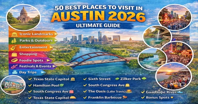 Places to visit in Austin 2026 showing Texas State Capitol, Barton Springs Pool, South Congress Avenue, East Austin murals and Lady Bird Lake
