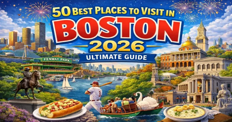 Places to visit in Boston 2026 showing Beacon Hill gas-lit cobblestone streets, Fenway Park Green Monster, Public Garden Swan Boats and USS Constitution in harbor