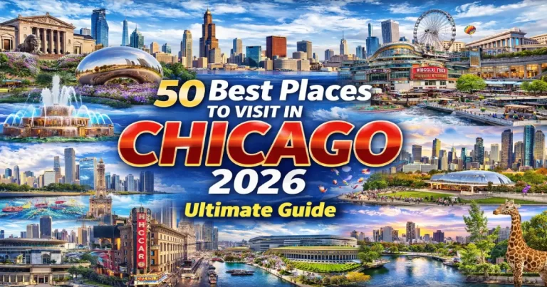 Places to visit in Chicago 2026 showing Cloud Gate Bean at Millennium Park, Art Institute lion statues, Wrigley Field ivy walls and Chicago River architecture