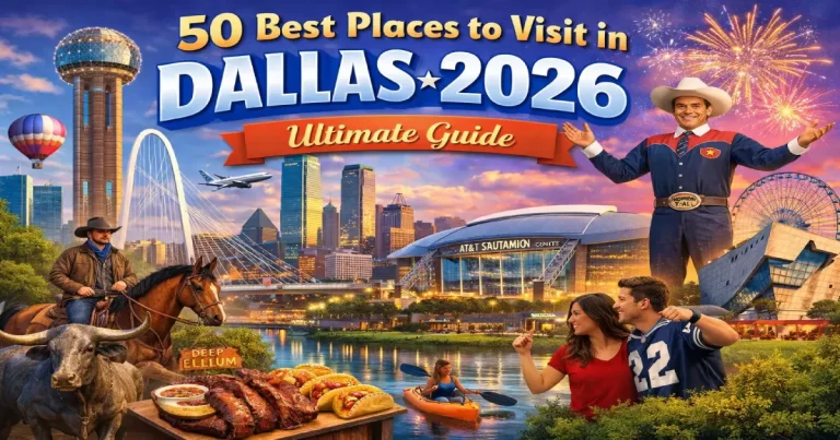 Places to visit in Dallas 2026 showing Dealey Plaza Sixth Floor Museum, Dallas Arts District Nasher Sculpture Center garden, Deep Ellum murals and Bishop Arts District
