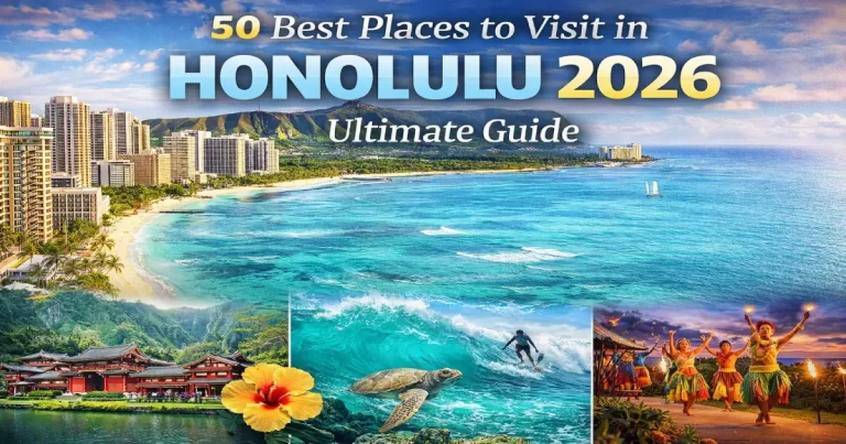 Places to visit in Honolulu 2026 showing Waikiki Beach with Diamond Head backdrop, Pearl Harbor USS Arizona Memorial white structure, Hanauma Bay reef and North Shore Waimea Bay