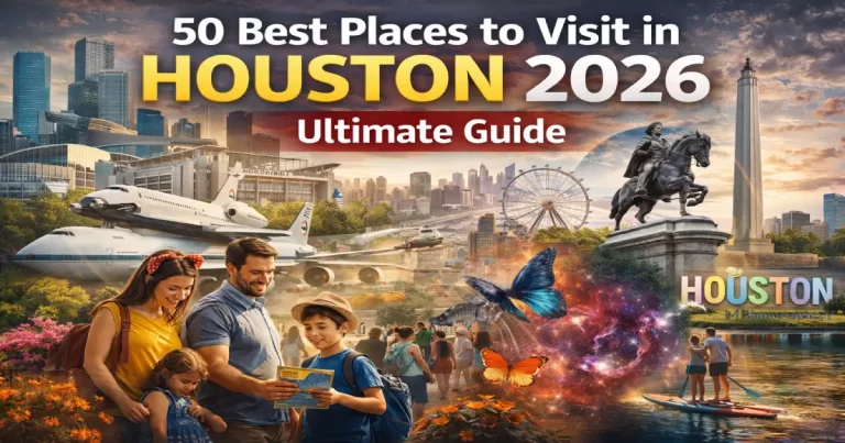 Places to visit in Houston 2026 showing Space Center Houston, Museum of Fine Arts, Buffalo Bayou Park, Montrose neighborhood and downtown skyline