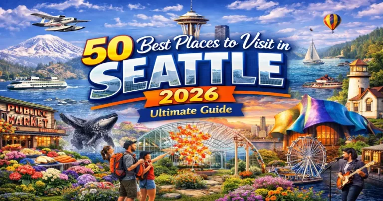 Places to visit in Seattle 2026 showing Pike Place Market fish throw, Space Needle skyline, Capitol Hill neighborhoods and Elliott Bay waterfront