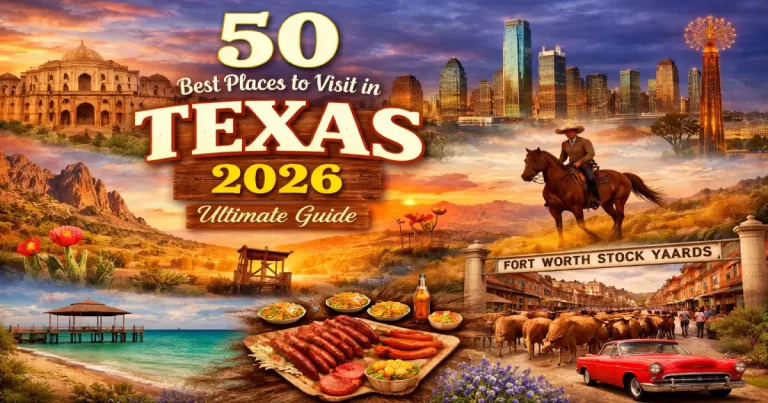 Places to visit in Texas 2026 showing San Antonio River Walk lights, Alamo historic facade, Big Bend National Park canyon, and Austin 6th Street live music