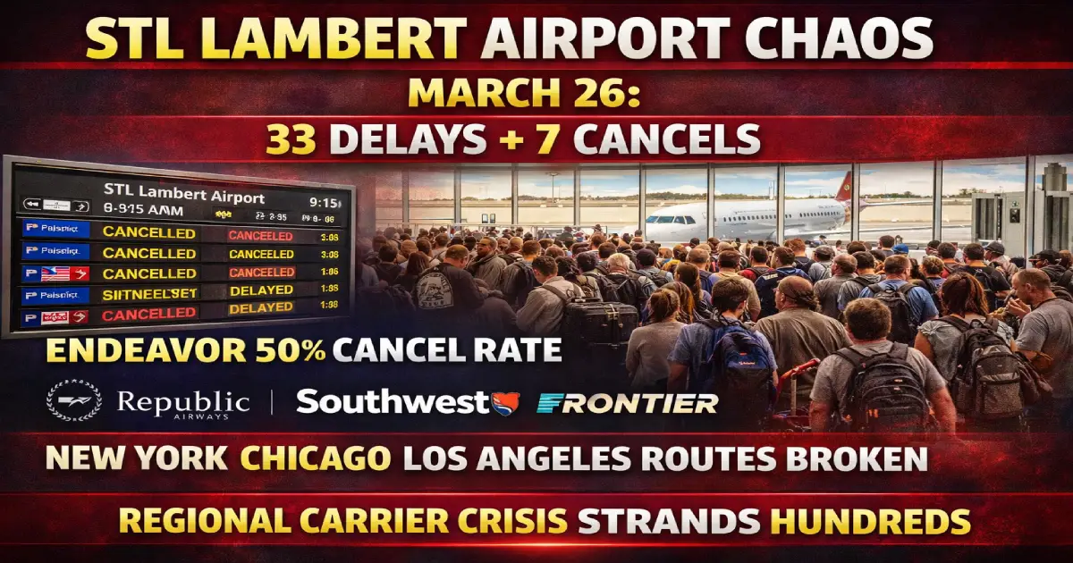 STL Lambert Airport chaos March 26 2026 33 delays 7 cancellations Endeavor Air Republic Southwest Frontier New York Chicago Los Angeles routes disrupted