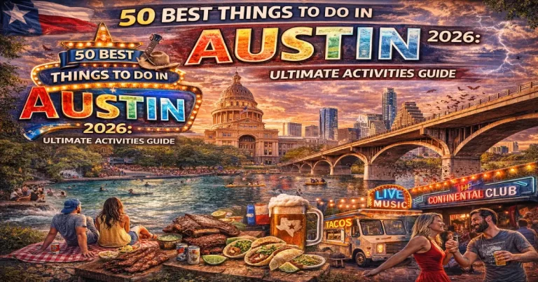 Things to do in Austin 2026 showing 6th Street live music, Barton Springs Pool, Franklin BBQ, Lady Bird Lake kayaking and South Congress
