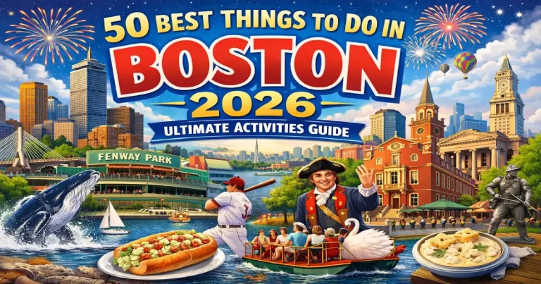 Things to do in Boston 2026 showing Freedom Trail red line through Beacon Hill, Fenway Park Green Monster, Boston Harbor whale watching and MIT campus