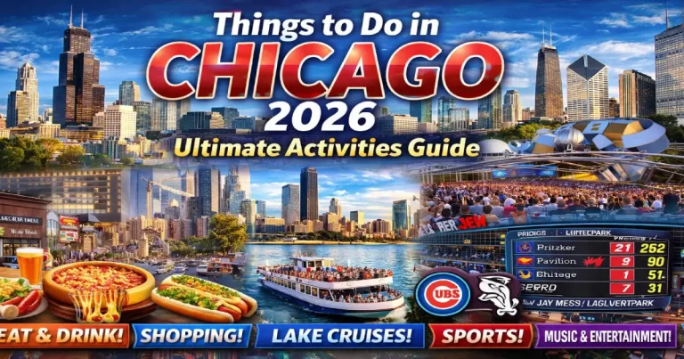 Things to do in Chicago 2026 showing Millennium Park Cloud Gate Bean sculpture, Chicago River architecture tour, deep-dish pizza and Navy Pier skyline views