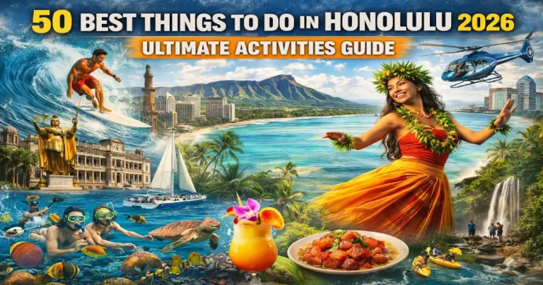 Things to do in Honolulu 2026 showing Waikiki Beach surfers, Diamond Head crater summit view, Pearl Harbor USS Arizona Memorial and Hanauma Bay snorkeling