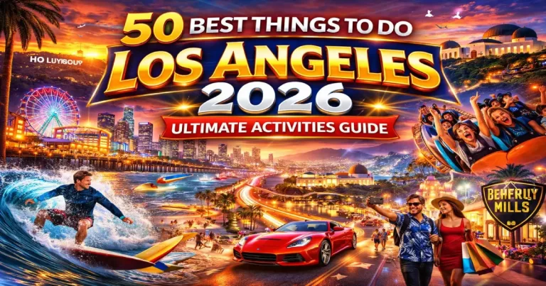 Things to do in Los Angeles 2026 showing Griffith Observatory city views, Venice Beach boardwalk, Hollywood Sign hike, Getty Center and Santa Monica Pier