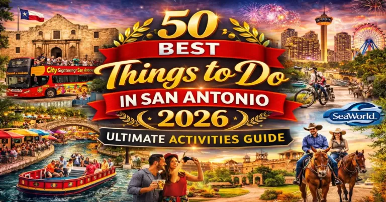 Things to do in San Antonio 2026 showing the Alamo, River Walk, San Antonio Missions, Pearl District and vibrant cultural scene