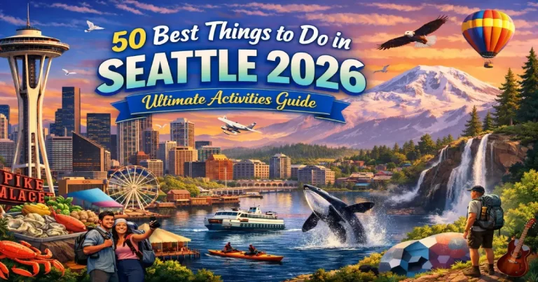 Things to do in Seattle 2026 showing Pike Place Market fish throw, Space Needle views, Bainbridge Island ferry crossing, Ballard Locks and Capitol Hill