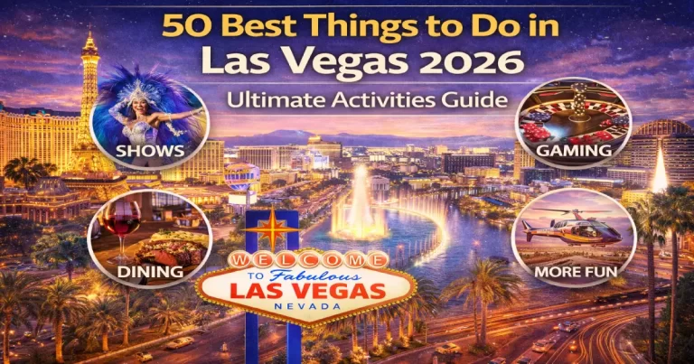 Things to do in Las Vegas 2026 showing Cirque du Soleil, Bellagio fountains, Grand Canyon day trip, Fremont Street and top Strip attractions