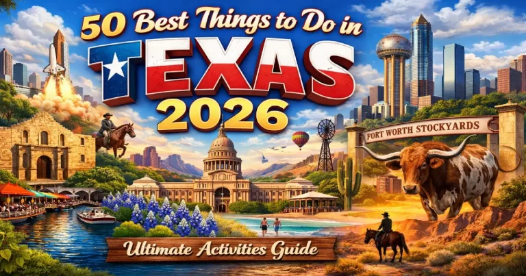 Things to do in Texas 2026 showing Big Bend Santa Elena Canyon hike, Fort Worth Stockyards longhorn cattle drive, Austin live music on 6th Street and Gulf Coast beach