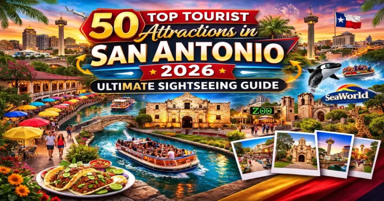Tourist attractions in San Antonio 2026 showing the Alamo, River Walk at night, Mission San Jose, Pearl District and Tower of the Americas