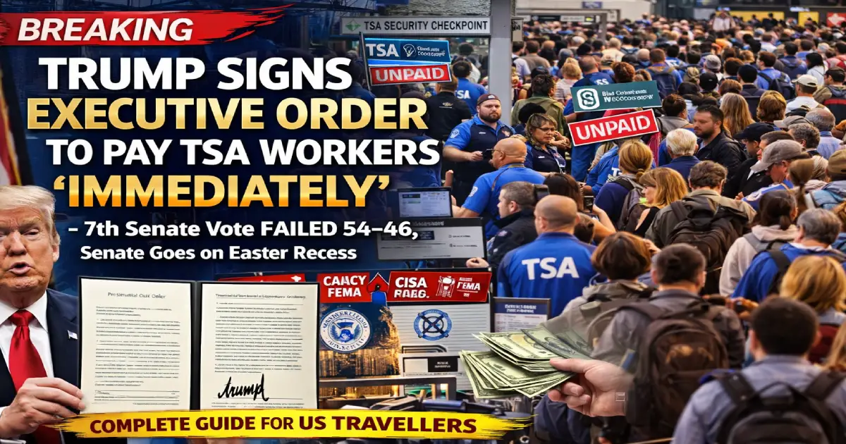 Breaking news March 27 2026 — President Donald Trump announced on Truth Social that he will sign an executive order instructing newly sworn-in DHS Secretary Markwayne Mullin to immediately pay Transportation Security Administration agents calling the ongoing airport chaos an emergency situation, with the White House planning to use funding from the One Big Beautiful Bill Act signed last summer to cover TSA wages, this came after the Senate failed for the seventh time to advance a DHS funding bill in a 54-46 vote with Senator John Fetterman of Pennsylvania the only Democrat to vote in favour, Senate Majority Leader John Thune called the executive order a short-term solution and said the Senate would probably cancel its Easter recess and remain in Washington through the weekend, Senate Minority Leader Chuck Schumer said Trump could have signed the order on Day 1 meaning TSA workers did not have to miss a single paycheck, Coast Guard FEMA and CISA employees remain unpaid as the EO covers TSA only, and airport security lines are expected to take 1 to 2 weeks to meaningfully improve even after paychecks resume
