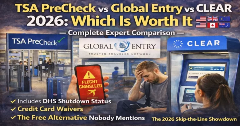 TSA PreCheck vs Global Entry vs CLEAR 2026 — PreCheck $78 200+ airports 3-minute lane — Global Entry $120 includes PreCheck customs kiosk — CLEAR $209 biometric bypass — DHS shutdown Global Entry suspended select airports — which trusted traveler program wins 2026