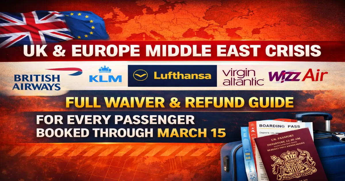 UK and Europe airline waiver guide for Middle East crisis March 2026 — British Airways, KLM, Lufthansa, Virgin Atlantic and Wizz Air refund and rebooking policies for passengers affected by Dubai, Doha and Abu Dhabi airport suspensions