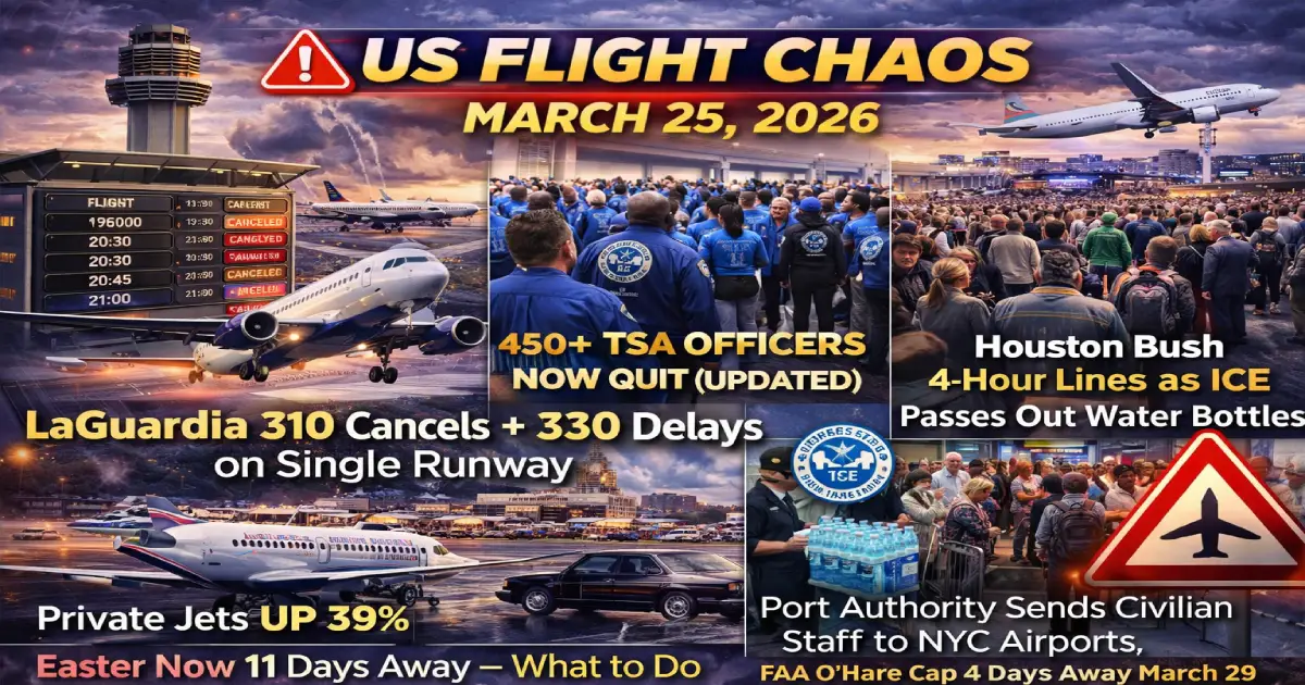 US flight chaos March 25 2026 — LaGuardia Airport records 310 cancellations and 330 delays while operating on a single runway after Sunday's fatal Air Canada crash closed Runway 4 until Friday March 27, the TSA workforce has now lost over 450 permanent resignations since the DHS shutdown began on February 14, ICE agents deployed to Houston Bush Intercontinental are passing out water bottles to passengers waiting in security lines averaging 4 hours while TSA union leaders call the deployment an insult to their members, the Port Authority of New York and New Jersey is deploying civilian security staff to JFK, Newark and LaGuardia to reduce congestion, private jet demand has surged 39 percent since February 15 as wealthy travellers bypass TSA checkpoints entirely, the FAA O'Hare operational cap takes effect in just 4 days on March 29, and Easter Sunday is 11 days away