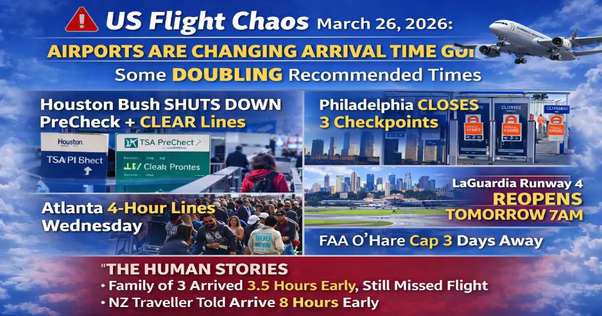 US flight chaos March 26 2026 — multiple airports across the United States have changed and in some cases doubled their recommended passenger arrival times due to TSA staffing shortages, Houston Bush Intercontinental Airport has shut down both TSA PreCheck and CLEAR expedited security lanes to prioritise regular screening lines after recording 4-hour wait times and 40-plus percent TSA callout rates, Philadelphia International Airport has closed three security checkpoints entirely due to short staffing, Atlanta recorded 4-hour wait times Wednesday alongside Houston, LaGuardia Airport's Runway 4 will reopen tomorrow Friday March 27 at 7AM returning to two-runway operations, the FAA O'Hare operational capacity cap reducing daily operations from 3080 to 2800 takes effect in 3 days on March 29, a family of three from Saratoga Springs New York arrived at Houston at 2 30 in the morning for a 6AM flight and still missed it, and a New Zealand traveller connecting through Houston was told by airline staff to arrive eight hours early