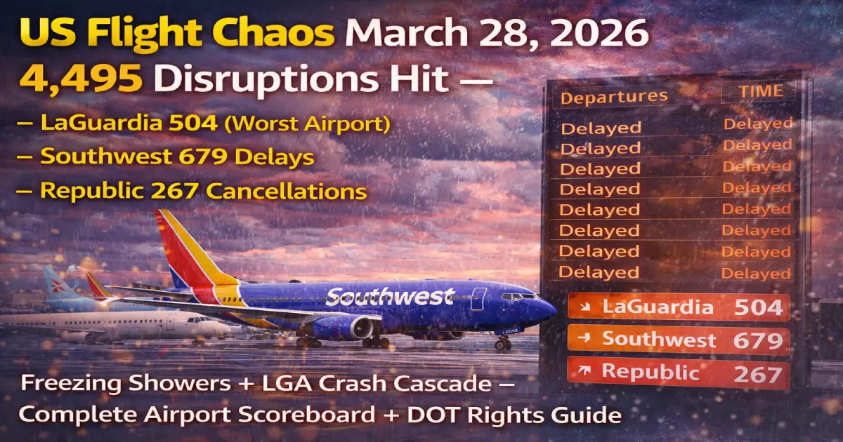 Fly 28 US Flight Chaos March 28: 4,495 Disruptions—LGA 504 Worst