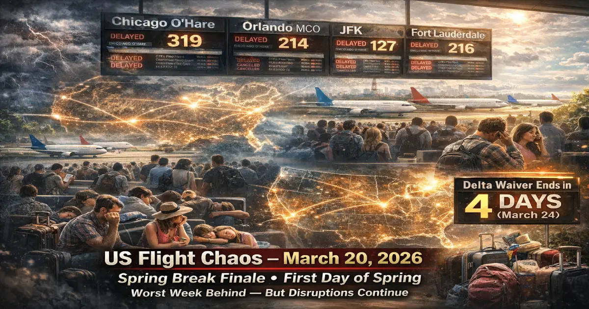 US flight chaos March 20 2026 First Day of Spring and Spring Break final weekend — Chicago O'Hare records 314 delays and 5 cancellations as the nation's highest delay airport, Orlando records 199 delays and 15 cancellations with Frontier Spirit and Delta the worst carriers, JFK posts 119 delays and 8 cancellations, Fort Lauderdale records 211 delays with Spirit at 39 percent delay rate, San Francisco 67 delays, and San Diego 89 delays on a day when the Delta waiver has just 4 days remaining and most US schools return from Spring Break on Sunday March 22