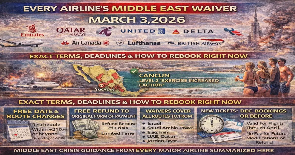 Complete airline waiver guide Middle East crisis March 2026 - Emirates Qatar Airways Etihad United Delta American Air Canada Lufthansa British Airways Qantas - full rebooking refund terms for Dubai Doha Abu Dhabi Tel Aviv Beirut passengers