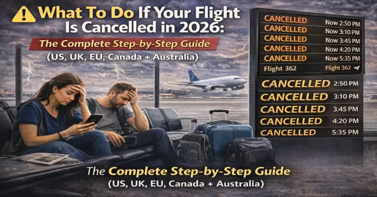 Flight cancelled what to do 2026 — passenger rights step-by-step guide — EU261 €600 compensation UK261 £520 US DOT automatic cash refund Canada APPR CAD $900 Australia ACL — stranded passenger airport checklist us uk eu canada australia