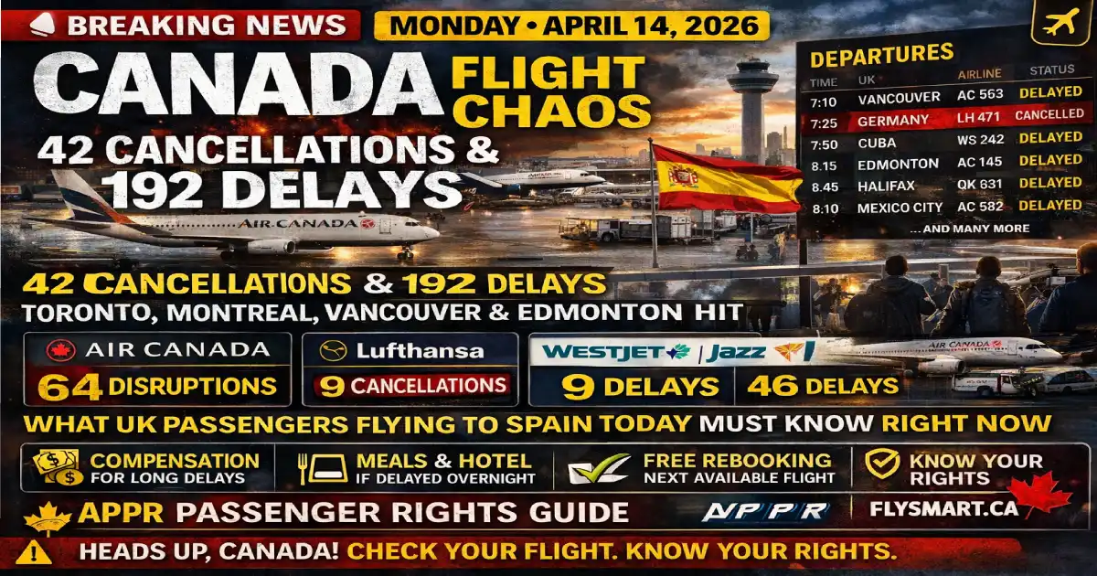 Canada flight chaos April 14 2026 – Toronto Pearson, Montreal Trudeau, Vancouver and Edmonton hit by 42 cancellations and 192 delays affecting Air Canada, WestJet, Jazz and Lufthansa — full APPR rights guide