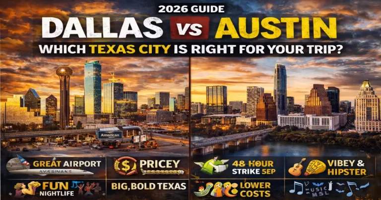 Dallas vs Austin — which Texas city is right for your trip? Compare beaches, nightlife, food, cost, arts, music, sports & family activities. Full 2026 guide.