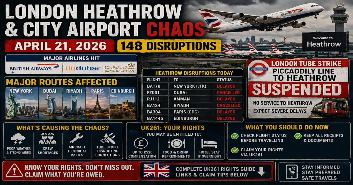 London Heathrow chaos April 21 2026. 148 flight disruptions LHR and LCY. Piccadilly line strike Heathrow. British Airways and FlyDubai delays.