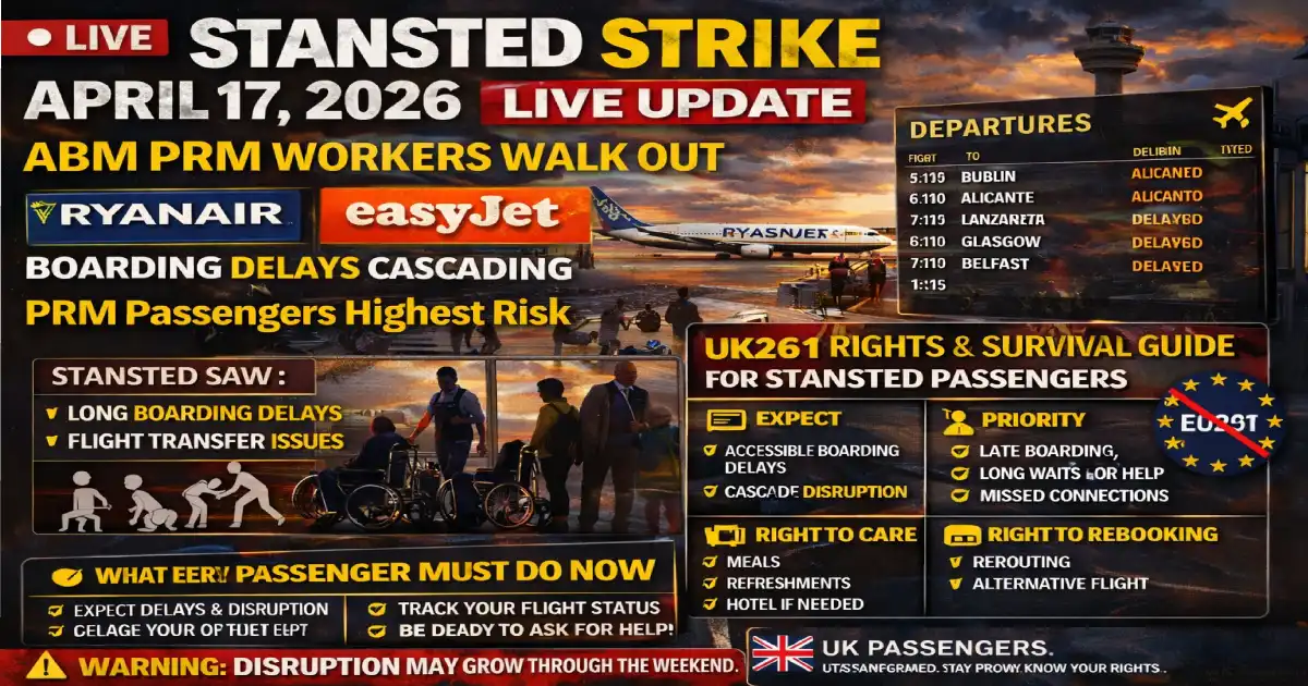 London Stansted Airport ABM PRM strike Day 1 LIVE April 17 2026 Ryanair easyJet Wizz Air boarding delays UK261 rights wheelchair passenger assistance workers Unite union