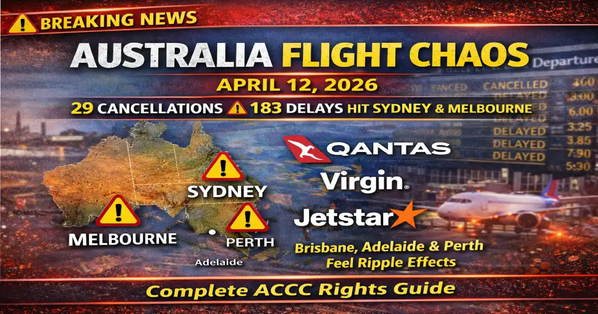 Australia flight chaos April 12 2026 Sydney Kingsford Smith Melbourne Tullamarine 29 cancellations 183 delays Qantas Virgin Australia Jetstar Brisbane Adelaide Perth ACCC rights guide