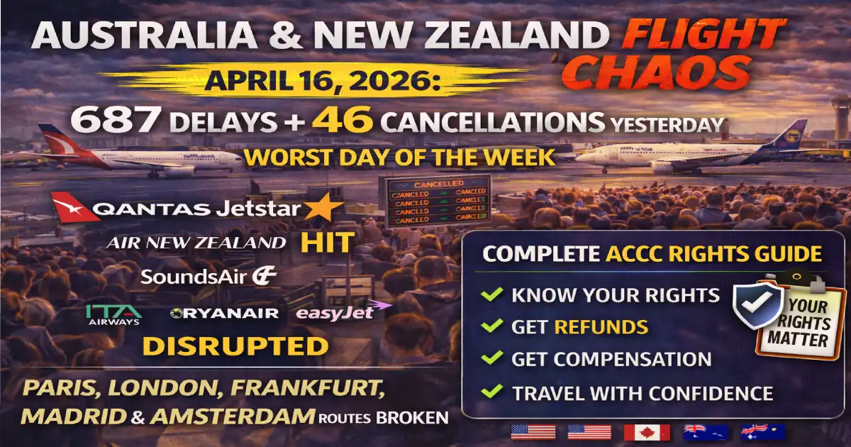 Australia New Zealand flight chaos April 16 2026 Sydney Melbourne Auckland Wellington 687 delays 46 cancellations Qantas Jetstar Air New Zealand fuel crisis ACCC rights guide