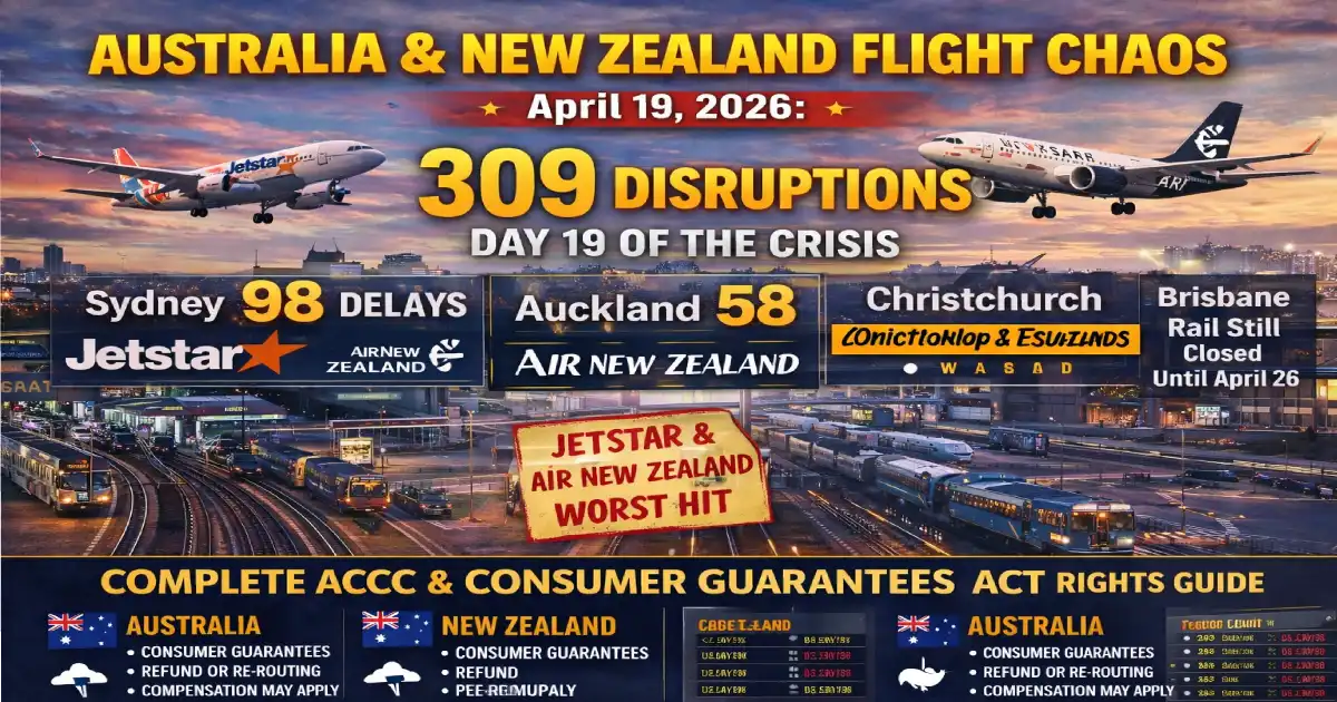 Sydney Kingsford Smith Airport terminal showing delayed flight boards on April 19 2026 Day 19 of the Australia New Zealand aviation crisis with Jetstar Qantas and Air New Zealand disruptions