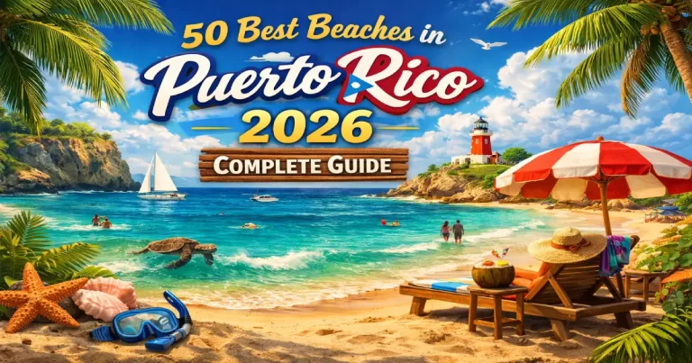 Best beaches in Puerto Rico 2026 showing Flamenco Beach Culebra turquoise horseshoe bay, Vieques Red Beach wild horses, Playa Sucia Cabo Rojo lighthouse and Luquillo palm-lined beach